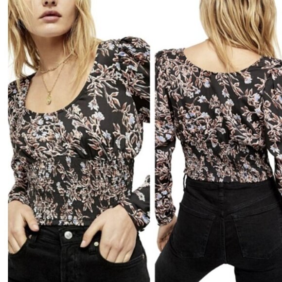 FREE PEOPLE Santiago Blouse Black Floral Long Sleeve Scoop Neck Smock Top - Picture 1 of 14